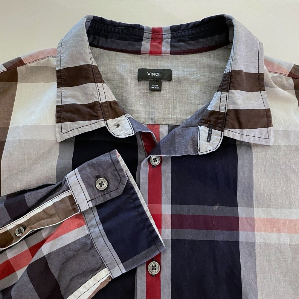 Vince Mens Size Large Plaid Button Up Long Sleeve Shirt Business Casual Preppy